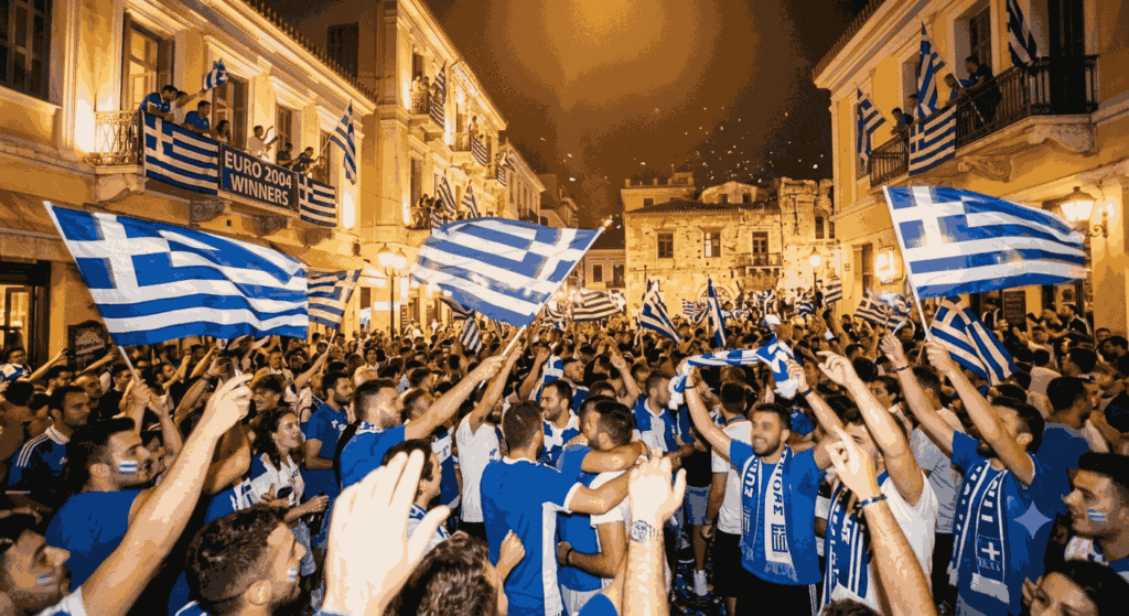 Célébration de la victoire à l'Euro 2004 dans les rues d'Athènes — exploit qui inspire les séjours découverte en Grèce