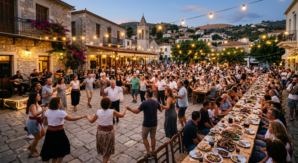 Un panigyri de village le 15 août en Grèce, agneau rôti et danses traditionnelles
